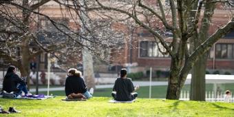 Students sitting on the campus lawn